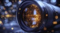 Lens with glowing particles against blurred light backdrop. Royalty Free Stock Photo