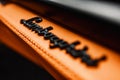 Close Up of Lamborghini Logo on Orange Leather with Stitching Detail Royalty Free Stock Photo
