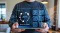 User Interacting with Advanced IoT Smart Home Dashboard on a Digital Tablet Royalty Free Stock Photo