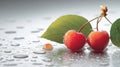 The image features a close-up shot of three dark red cherries complete with green stems and a leaf positioned against a Royalty Free Stock Photo