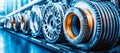 The image features a close-up of silver metallic engine gear wheels positioned on an industrial background surrounded by Royalty Free Stock Photo