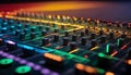 A close-up view of a colorful soundboard with knobs and buttons.