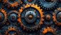 Close-up of interlocking gears with orange and gray metallic finish Royalty Free Stock Photo