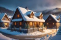 a cluster of charming wooden houses at winter