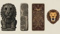 A collection of ancient lion sculptures and Celtic knotwork designs on a beige background Royalty Free Stock Photo
