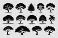 Black Silhouettes of Various Tree Types Deciduous, Evergreen, and Palm Trees on Light Background Royalty Free Stock Photo