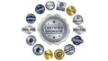 A collection of certified sponsor badges and seals on a white background Royalty Free Stock Photo