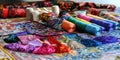 Colorful Threads on Patterned Fabric Royalty Free Stock Photo
