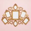 Golden frames and hearts arrangement isolated on white background Royalty Free Stock Photo