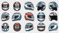 A collection of racing helmets in various designs and colors on a transparent background Royalty Free Stock Photo