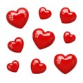 Assorted red heart-shaped objects with white text and patterns scattered on a white background Royalty Free Stock Photo