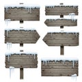 Wooden signs with snow icicles isolated on white background Royalty Free Stock Photo