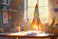 A bright rocket model soaring from a craft table. The workspace is vibrant and full of creativity. Ideal for inspiring Royalty Free Stock Photo