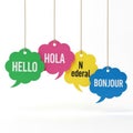Greetings in different languages speech bubbles isolated on white background Royalty Free Stock Photo