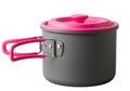 Compact camping cookware with pink lid and handle Royalty Free Stock Photo