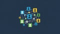 Colorful interconnected human icon network on dark blue background representing teamwork and digital communication concepts Royalty Free Stock Photo