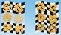 A variety of pasta shapes on checkered flags against a blue background Royalty Free Stock Photo