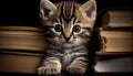 A playful tabby kitten peeking out from behind a book., Generative AI, illustration