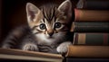 A playful tabby kitten peeking out from behind a book., Generative AI, illustration