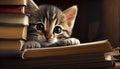 A playful tabby kitten peeking out from behind a book., Generative AI, illustration