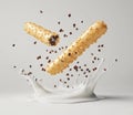 The image features a 3D rendering of Chocolate waffle sticks, a Milk splash, and a crispy wafer roll that is filled with chocolate Royalty Free Stock Photo