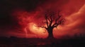 A dark tree stands alone under a stormy sky filled with red light and lightning flashes Royalty Free Stock Photo