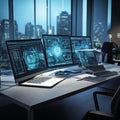 The image features a desk equipped with several laptops