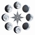Lunar Phases Circle Around Intricate Silver Compass Star on Transparent Background Royalty Free Stock Photo