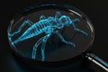 The image features a digital magnifying glass illuminating a bug with blue light on a black backdrop Royalty Free Stock Photo