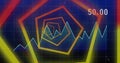 This image features a digitally generated image of a financial graph moving over a navy background