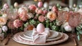 A pink decorated Easter egg placed on a folded napkin on a floral plate, with surrounding pink flowers and glassware Royalty Free Stock Photo
