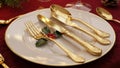 Elegant gold flatware set on white plate Royalty Free Stock Photo