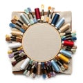 Colorful threads arranged in a circular hoop for embroidery or crafting Royalty Free Stock Photo