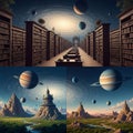 Image features an endless library under a cosmic sky with planets Royalty Free Stock Photo