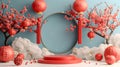 Generative AI. Traditional Chinese New Year Display With Red Lanterns and Cherry Blossoms on Blue Background Royalty Free Stock Photo