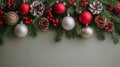 Festive Christmas Border with Red and Silver Balls Hanging in Fir Garland Royalty Free Stock Photo