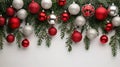 Festive Christmas Border with Red and Silver Balls Hanging in Fir Garland Royalty Free Stock Photo