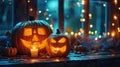 Festive Halloween Decor with Jack-o\'-Lanterns, Candles, and String Lights on Wooden Table Royalty Free Stock Photo