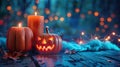 Festive Halloween Decor with Jack-o\'-Lanterns, Candles, and String Lights on Wooden Table Royalty Free Stock Photo