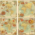 This image features four vintage-style maps illustrating different regions of the world, Royalty Free Stock Photo