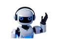 Friendly AI Robot with Headphones Waving isolated in white background