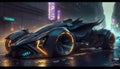 Futuristic Batmobile-Inspired Car in a Neon-Lit Cyberpunk City Royalty Free Stock Photo
