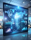 Global Business Intelligence Dashboard on a Futuristic Tablet, Displaying a World Map, Bar Graphs, Line Charts, and Dynamic Data Royalty Free Stock Photo