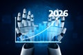 Futuristic robotic hands displaying data analytics and financial growth projections for 2023 to 2026 with digital graphs Royalty Free Stock Photo