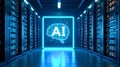 Stylized digital brain labeled \'AI\' glowing in blue inside high-tech data center with server racks and circuit lines Royalty Free Stock Photo