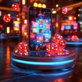 Image features a futuristic smartphone against a lively casino backdrop, displaying game icons Emphasizes innovation