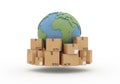 Globe on top of shipping boxes isolated on white background Royalty Free Stock Photo