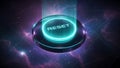 A glowing blue reset button in a futuristic purple and black space background Royalty Free Stock Photo