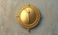 golden shield-like emblem with central arrow and intricate designs is mounted on textured gray wall. Royalty Free Stock Photo