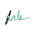 The image features a graphic representation of a fountain pen creating the word \